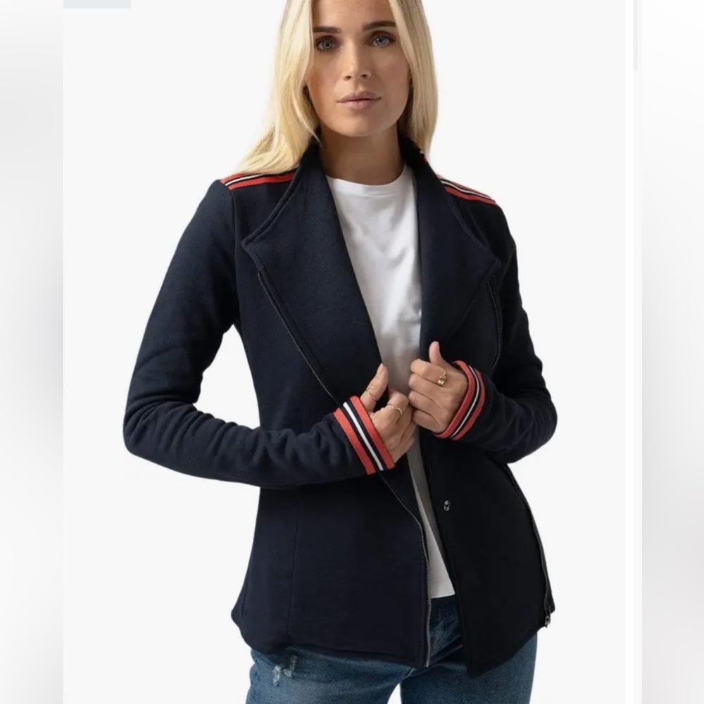 Saint +‎ Sofia Navy Blue Red Stripe Cotton Biker Jacket Size 12